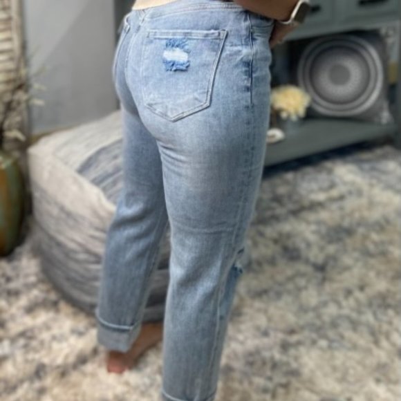 Risen High Rise Boyfriend Distressed Straight Stretch Jeans Light 2422 - Picture 10 of 13